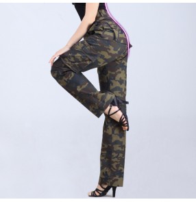 Army green camouflage black striped wide legs straight women's ladies female multi pockets fashion professional ballroom latin dance pants trousers